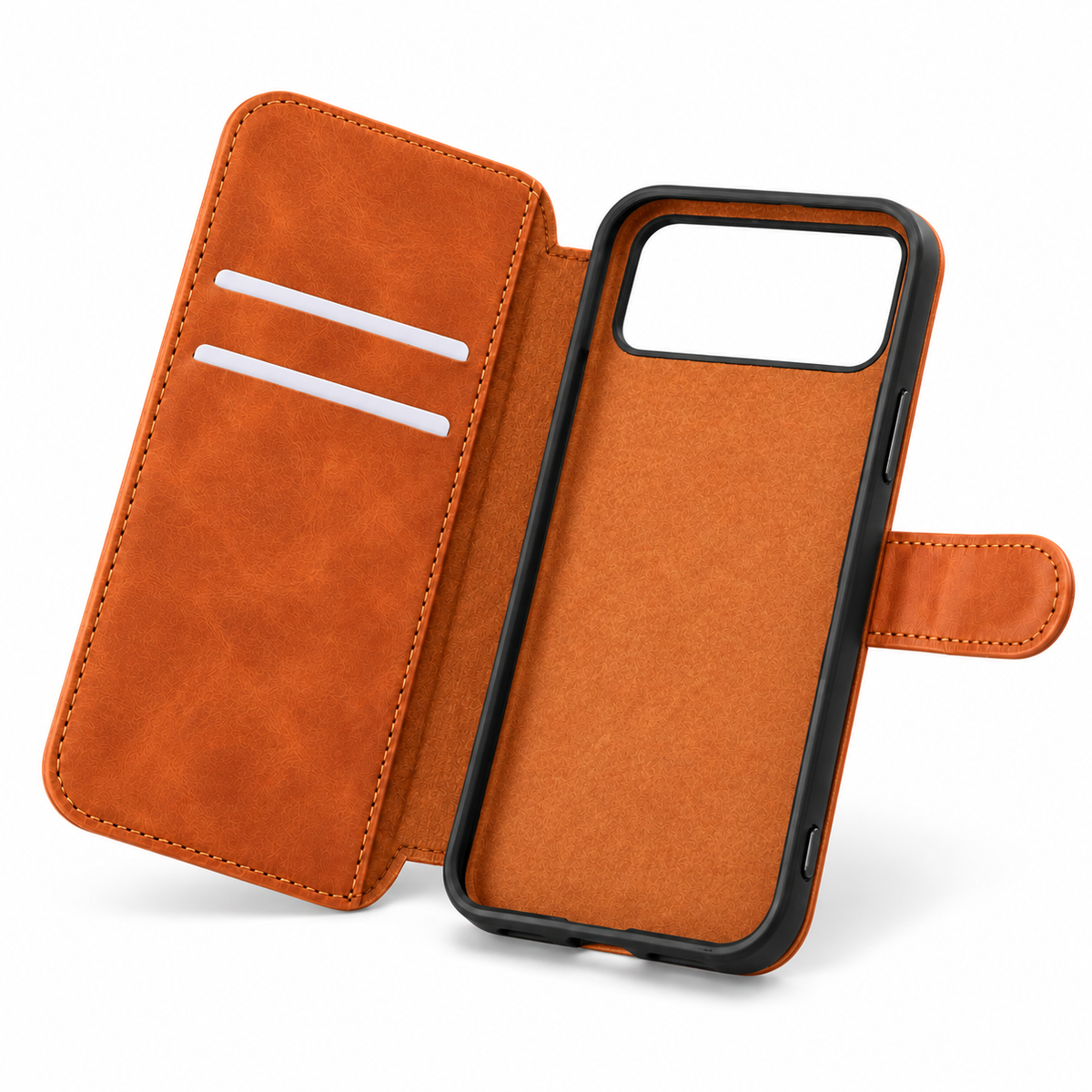 Brown Folio iPhone Case with Two Card Slots & Closure Tab — Open folio at three-quarter angle showing two card slots and empty phone cradle