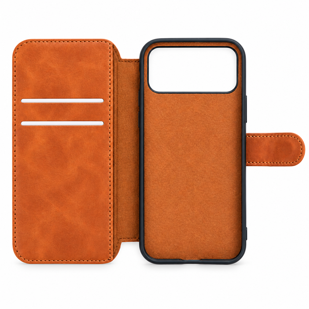Brown Folio iPhone Case with Two Card Slots & Closure Tab — Open folio straight-on interior view