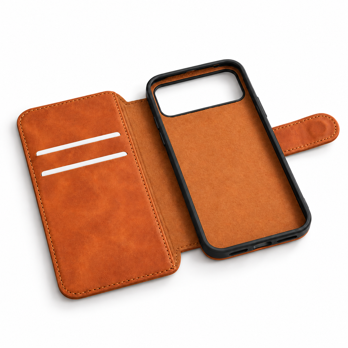 Brown Folio iPhone Case with Two Card Slots & Closure Tab — Open folio diagonal view showing bottom cutouts and interior