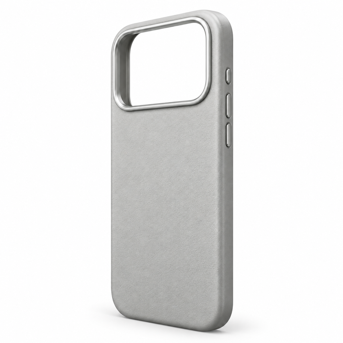Gray Textured iPhone Case with Metallic-Tone Camera Frame — rear three-quarter view