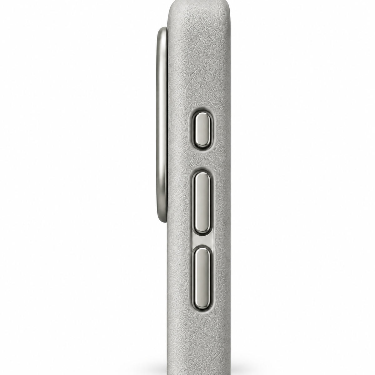 Gray Textured iPhone Case with Metallic-Tone Camera Frame — textured edge and button detail