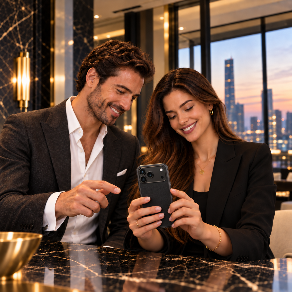 A couple viewing a naturally sized iPhone 18 Pro Max in a refined black protective case