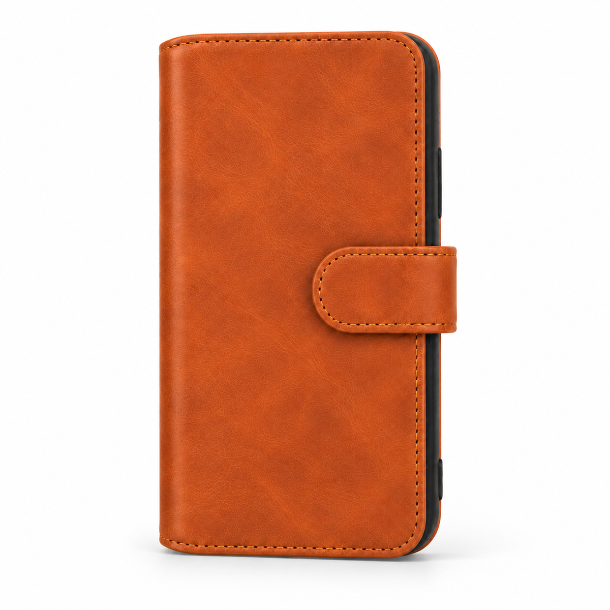Brown Folio iPhone Case with Two Card Slots & Closure Tab — Closed folio front view with closure tab