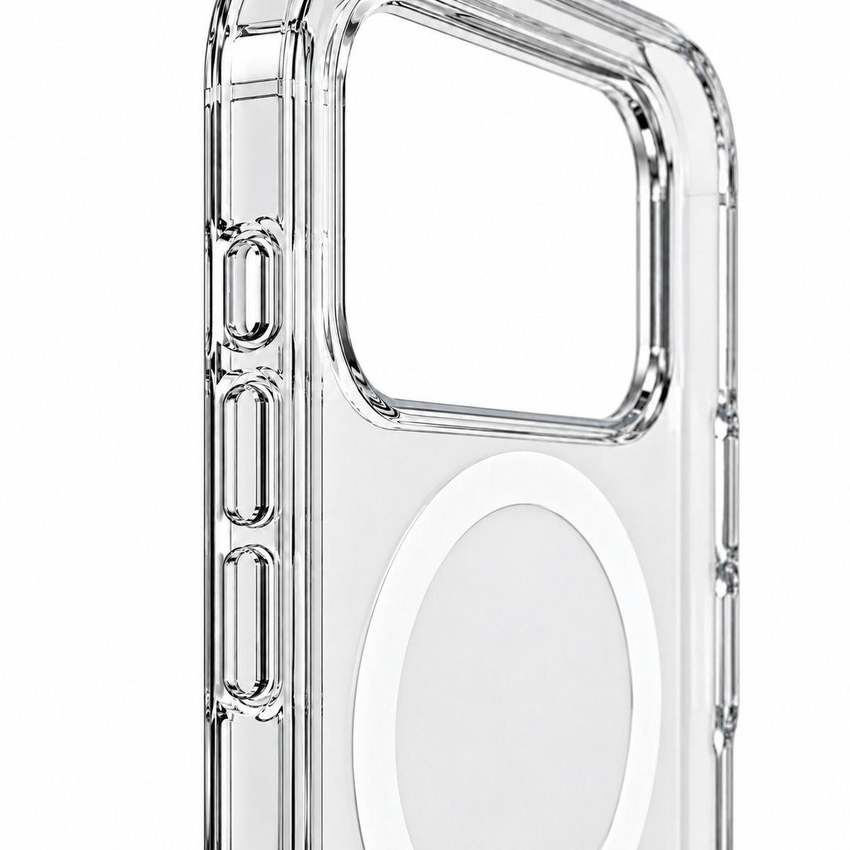 Clear Magnetic iPhone Case with Reinforced Corner Design — camera border and button detail