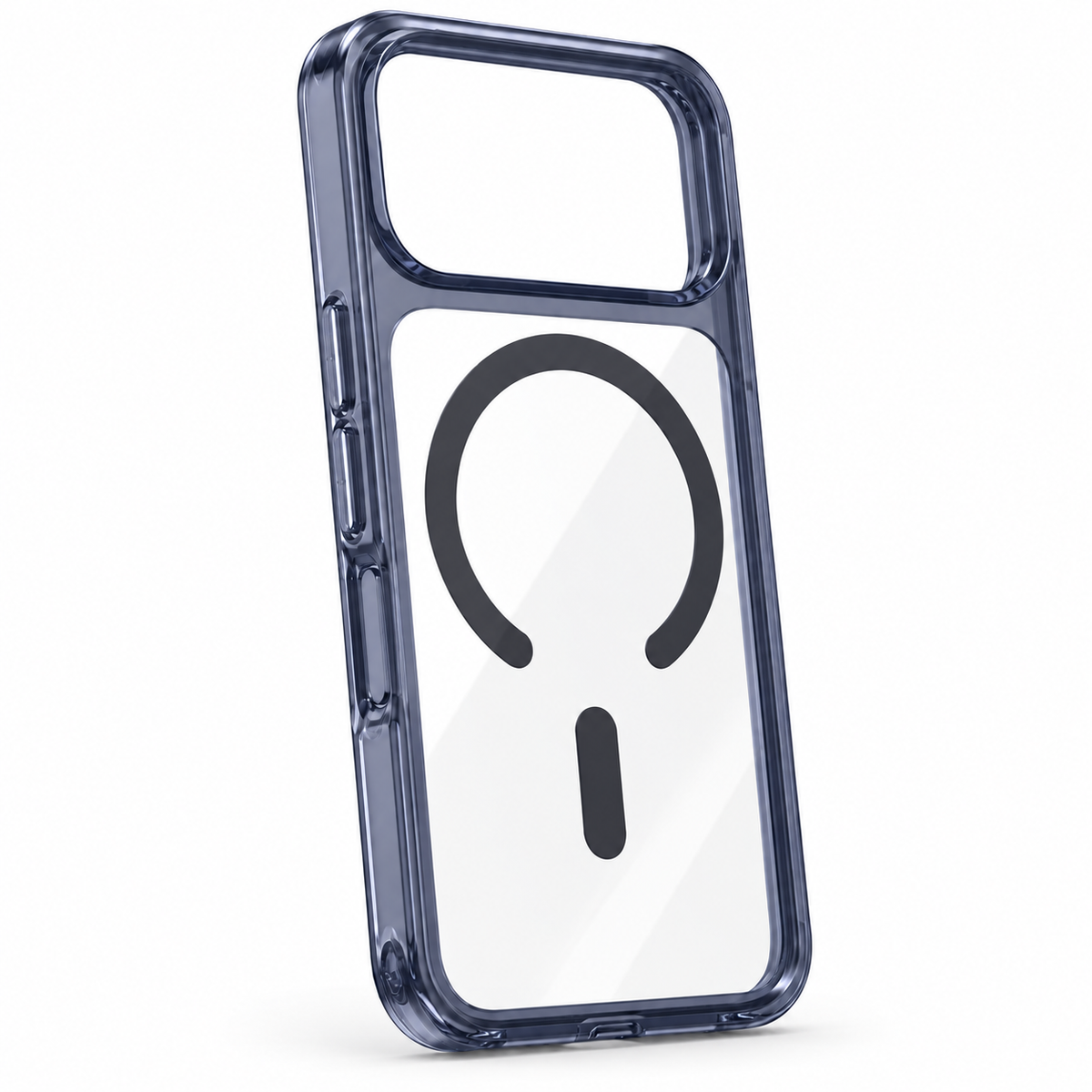 Clear Magnetic iPhone Case with Smoky Contoured Frame — Angled back view of clear case with smoky contoured frame and magnetic ring
