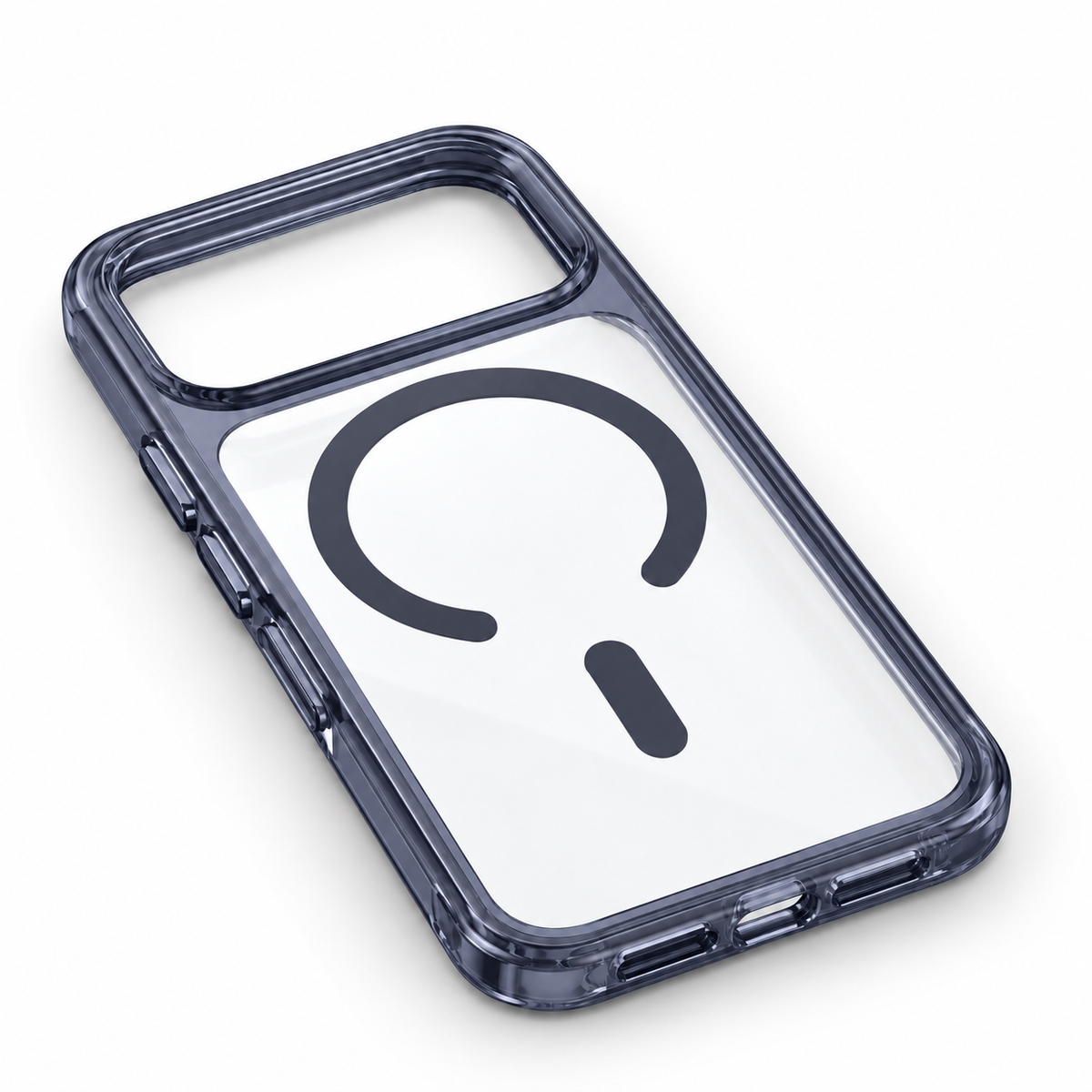 Clear Magnetic iPhone Case with Smoky Contoured Frame — Diagonal back view showing bottom port openings