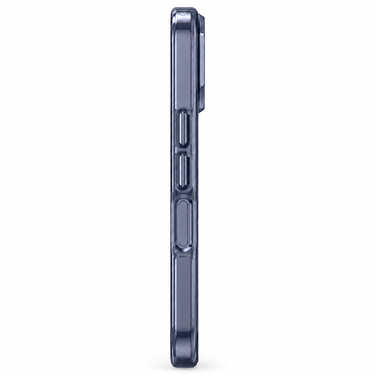 Clear Magnetic iPhone Case with Smoky Contoured Frame — Side profile showing controls and raised camera rim