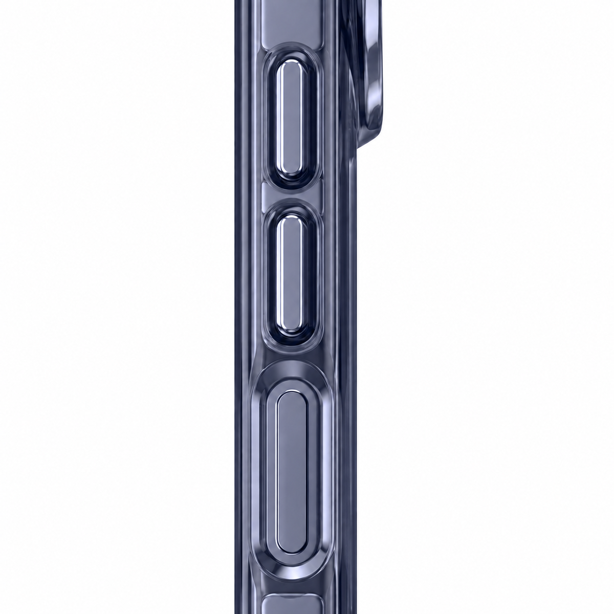 Clear Magnetic iPhone Case with Smoky Contoured Frame — Close-up of molded side controls