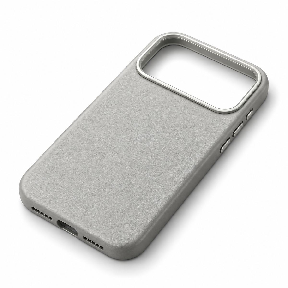 Gray Textured iPhone Case with Metallic-Tone Camera Frame — diagonal back and port view