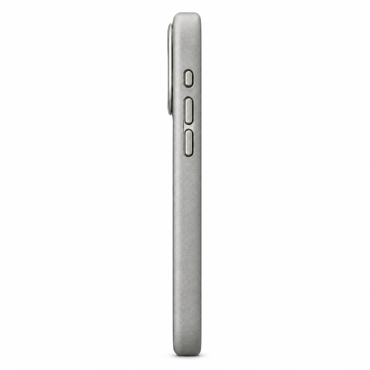 Gray Textured iPhone Case with Metallic-Tone Camera Frame — slim side profile
