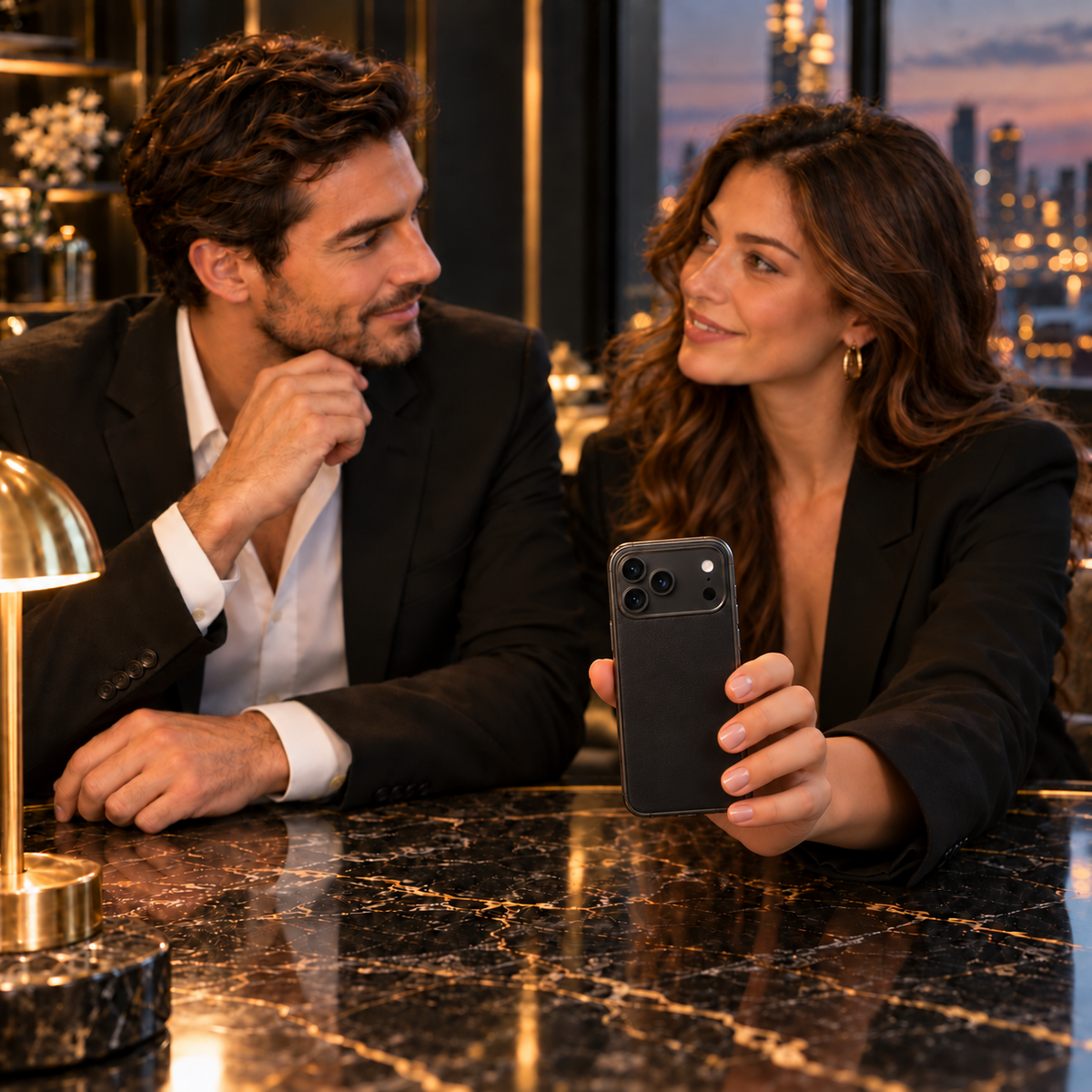 A woman holding a naturally sized iPhone 18 Pro Max in a textured black protective case during a conversation